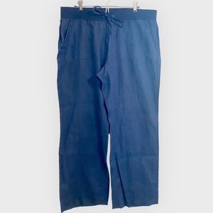 Talbots 100% Linen Navy Blue Wide Leg Ribbed Elastic Pull On Pants - XL Petite